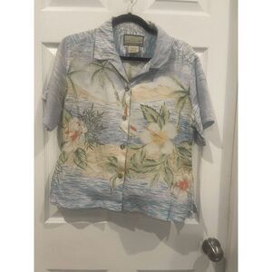 Vintage Pearl Head Bay Blouse, S ,Silk, Tropical Print, Button Up, Short Sleeve